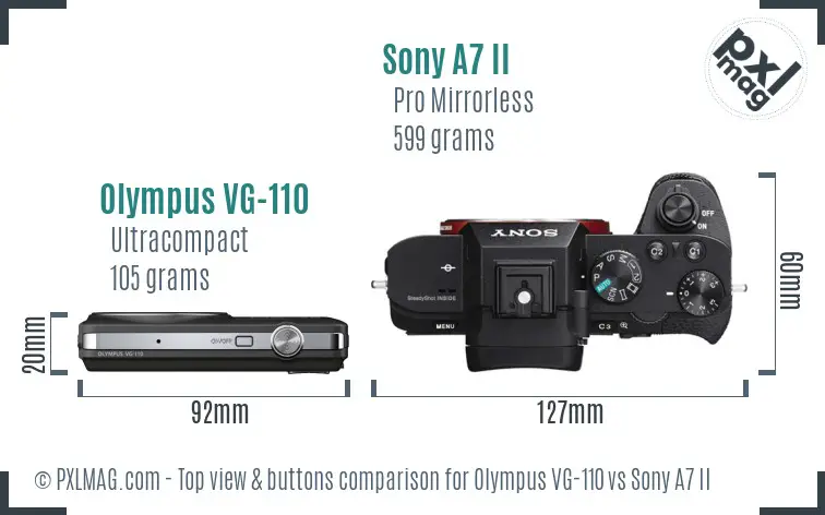 Olympus VG-110 vs Sony A7 II top view buttons comparison Olympus VG-110 vs Sony A7 II top view buttons comparison
