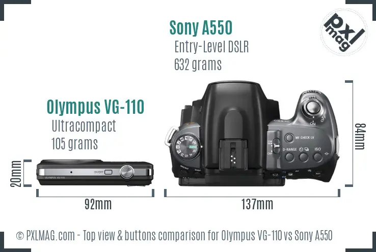 Olympus VG-110 vs Sony A550 top view buttons comparison