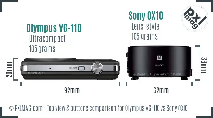 Olympus VG-110 vs Sony QX10 top view buttons comparison