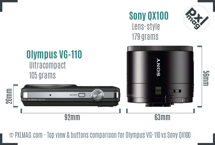 Olympus VG-110 vs Sony QX100 top view buttons comparison