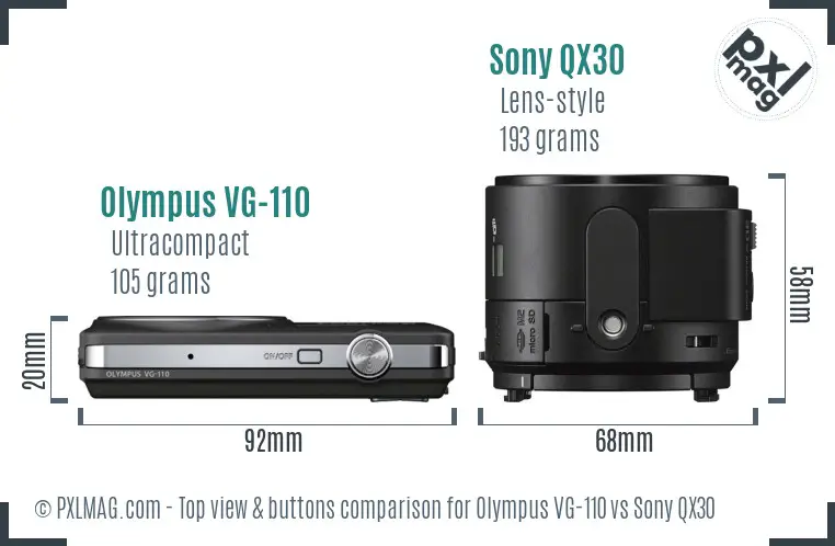 Olympus VG-110 vs Sony QX30 top view buttons comparison