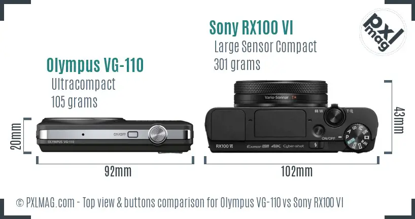 Olympus VG-110 vs Sony RX100 VI top view buttons comparison