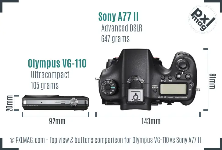 Olympus VG-110 vs Sony A77 II top view buttons comparison