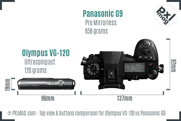 Olympus VG-120 vs Panasonic G9 top view buttons comparison