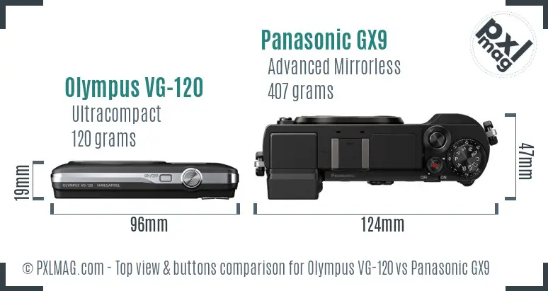 Olympus VG-120 vs Panasonic GX9 top view buttons comparison