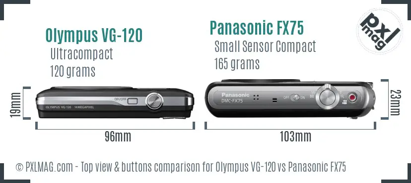 Olympus VG-120 vs Panasonic FX75 top view buttons comparison