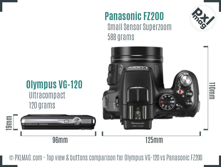 Olympus VG-120 vs Panasonic FZ200 top view buttons comparison Olympus VG-120 vs Panasonic FZ200 top view buttons comparison