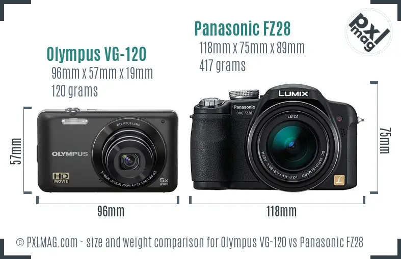 Olympus VG-120 vs Panasonic FZ28 size comparison