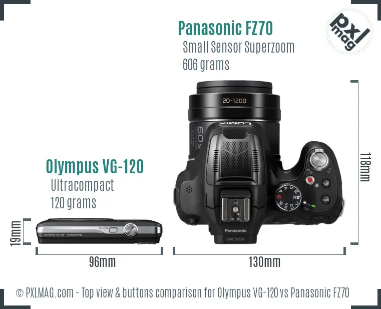 Olympus VG-120 vs Panasonic FZ70 top view buttons comparison Olympus VG-120 vs Panasonic FZ70 top view buttons comparison