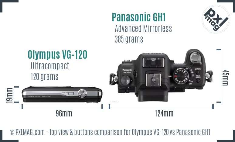 Olympus VG-120 vs Panasonic GH1 top view buttons comparison
