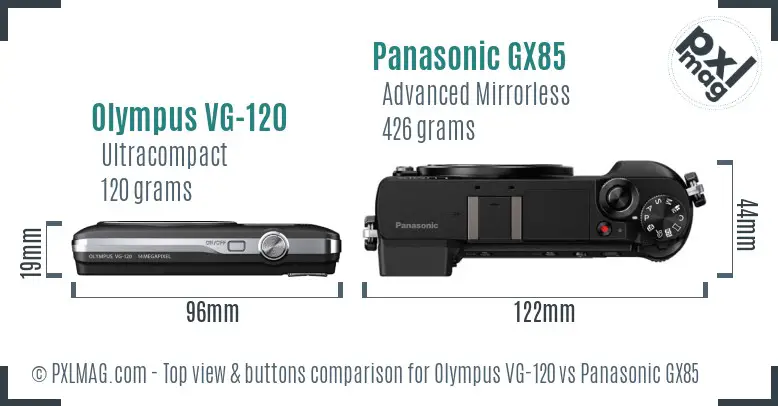 Olympus VG-120 vs Panasonic GX85 top view buttons comparison Olympus VG-120 vs Panasonic GX85 top view buttons comparison