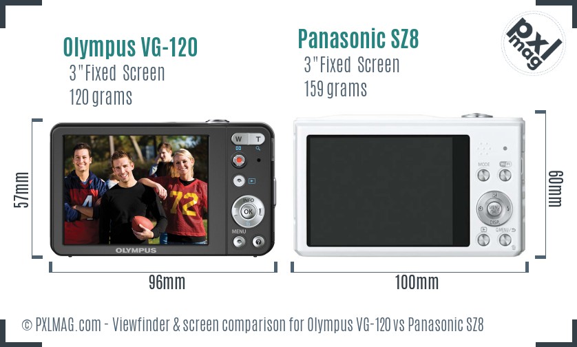 Olympus VG-120 vs Panasonic SZ8 Screen and Viewfinder comparison
