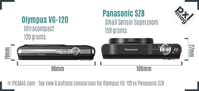 Olympus VG-120 vs Panasonic SZ8 top view buttons comparison