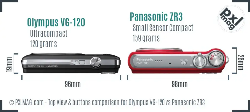 Olympus VG-120 vs Panasonic ZR3 top view buttons comparison