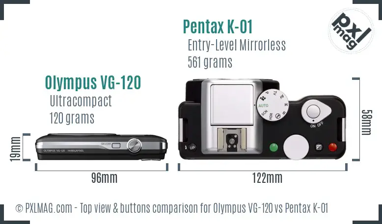 Olympus VG-120 vs Pentax K-01 top view buttons comparison
