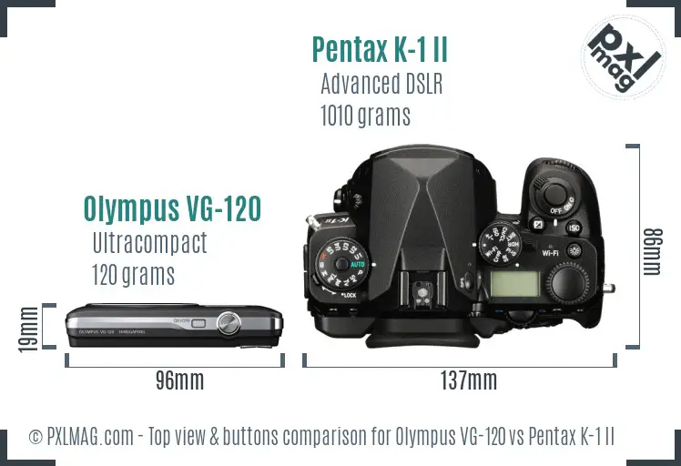 Olympus VG-120 vs Pentax K-1 II top view buttons comparison