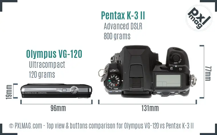 Olympus VG-120 vs Pentax K-3 II top view buttons comparison