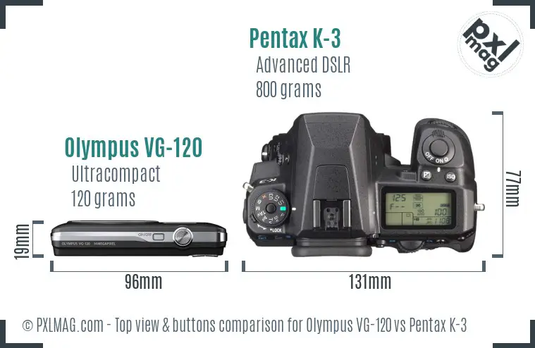 Olympus VG-120 vs Pentax K-3 top view buttons comparison