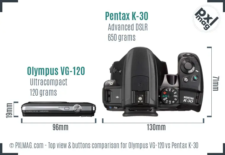 Olympus VG-120 vs Pentax K-30 top view buttons comparison