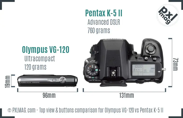 Olympus VG-120 vs Pentax K-5 II top view buttons comparison