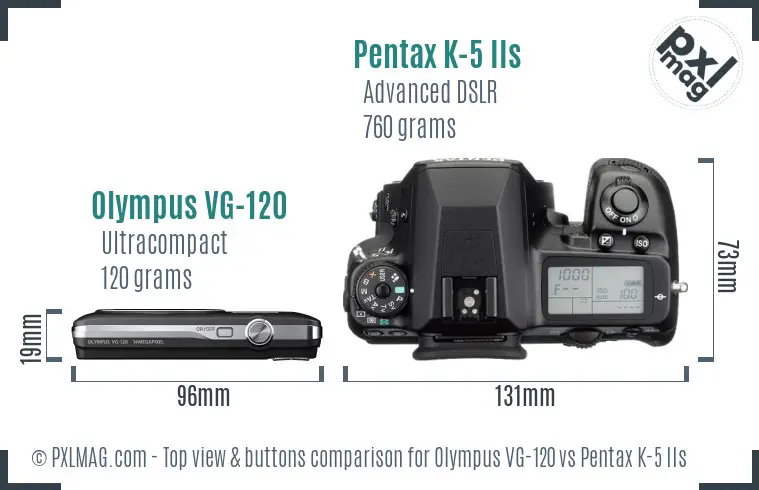 Olympus VG-120 vs Pentax K-5 IIs top view buttons comparison