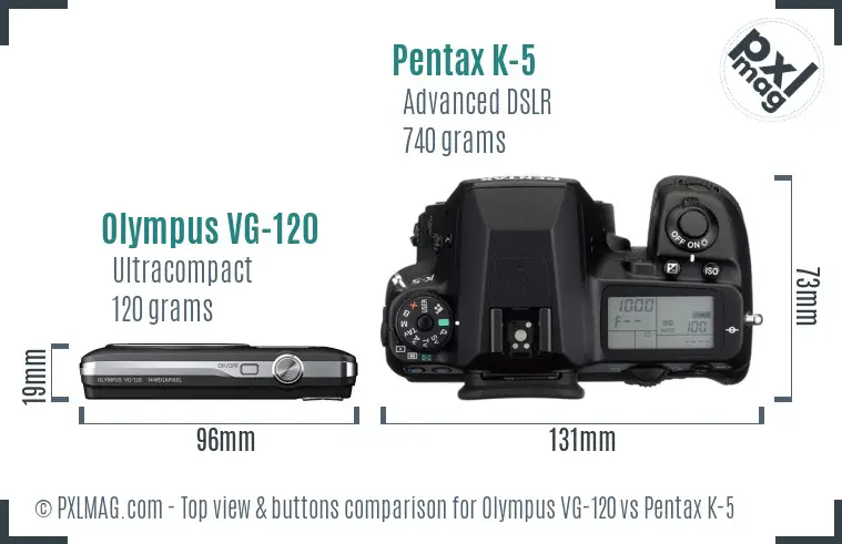Olympus VG-120 vs Pentax K-5 top view buttons comparison