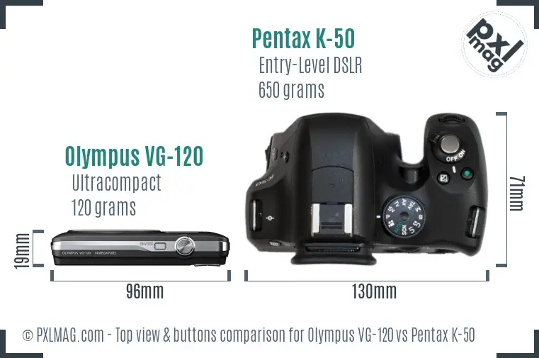 Olympus VG-120 vs Pentax K-50 top view buttons comparison