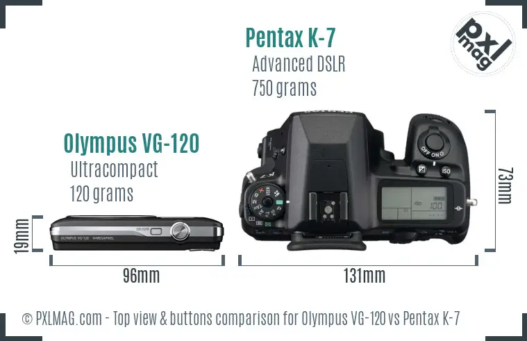 Olympus VG-120 vs Pentax K-7 top view buttons comparison