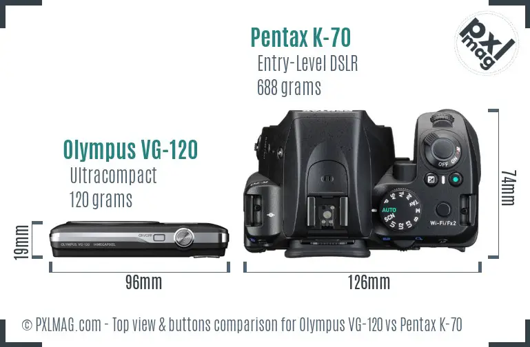 Olympus VG-120 vs Pentax K-70 top view buttons comparison
