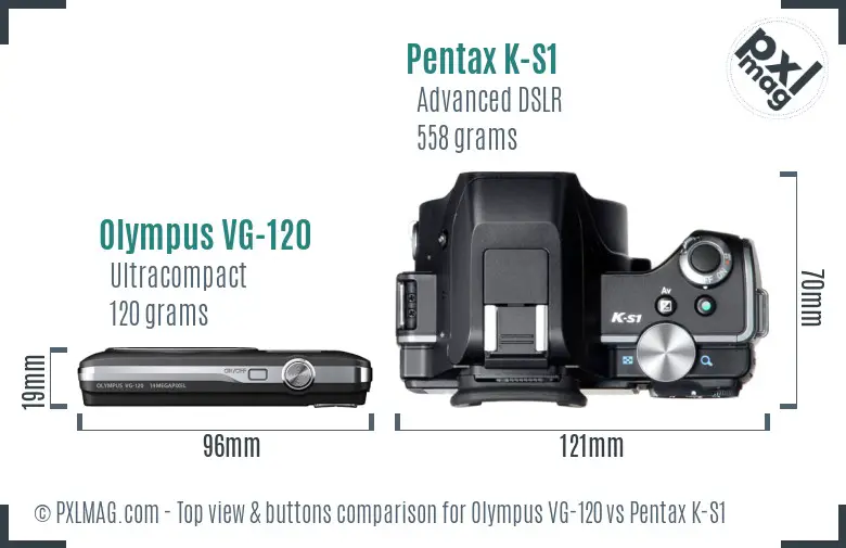 Olympus VG-120 vs Pentax K-S1 top view buttons comparison