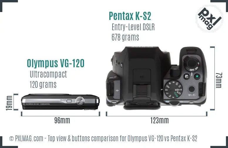 Olympus VG-120 vs Pentax K-S2 top view buttons comparison
