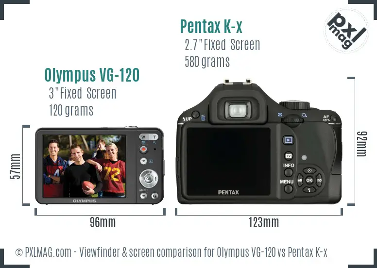 Olympus VG-120 vs Pentax K-x Screen and Viewfinder comparison