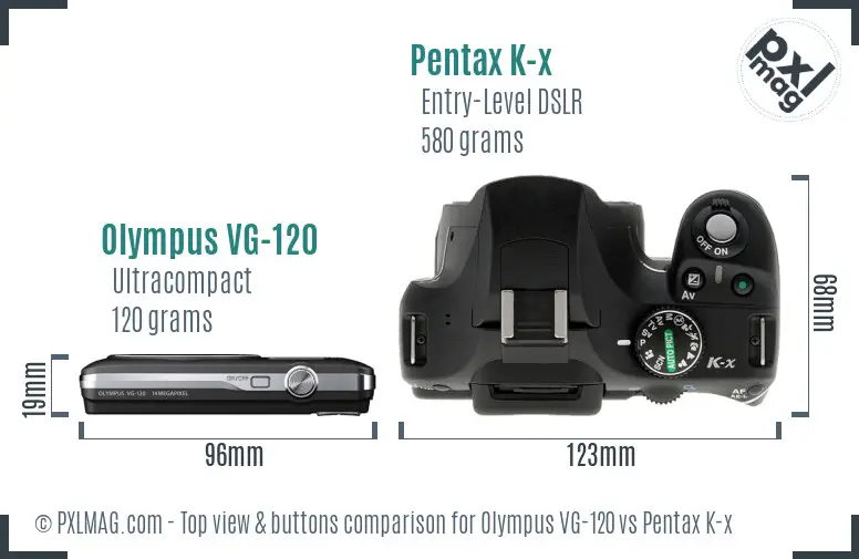 Olympus VG-120 vs Pentax K-x top view buttons comparison