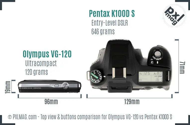 Olympus VG-120 vs Pentax K100D S top view buttons comparison Olympus VG-120 vs Pentax K100D S top view buttons comparison