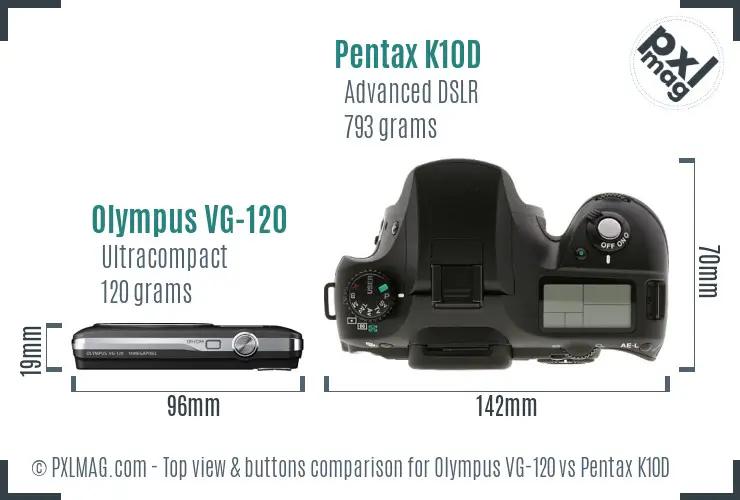 Olympus VG-120 vs Pentax K10D top view buttons comparison