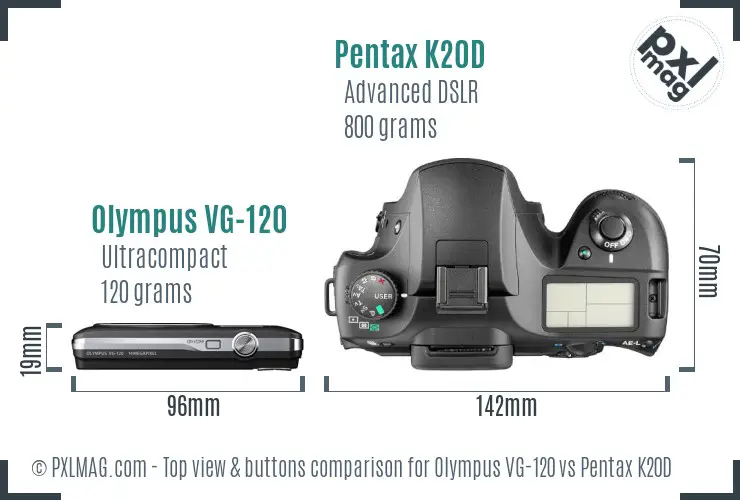 Olympus VG-120 vs Pentax K20D top view buttons comparison