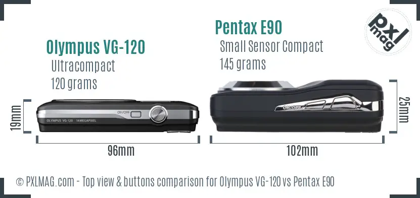 Olympus VG-120 vs Pentax E90 top view buttons comparison