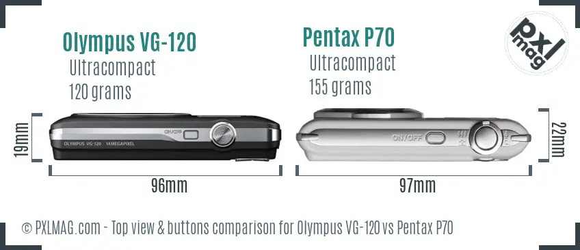 Olympus VG-120 vs Pentax P70 top view buttons comparison