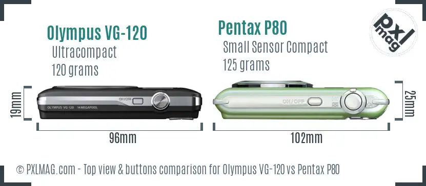 Olympus VG-120 vs Pentax P80 top view buttons comparison
