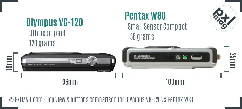 Olympus VG-120 vs Pentax W80 top view buttons comparison