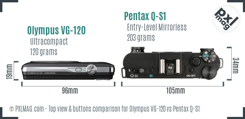 Olympus VG-120 vs Pentax Q-S1 top view buttons comparison