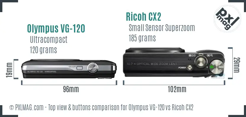 Olympus VG-120 vs Ricoh CX2 top view buttons comparison