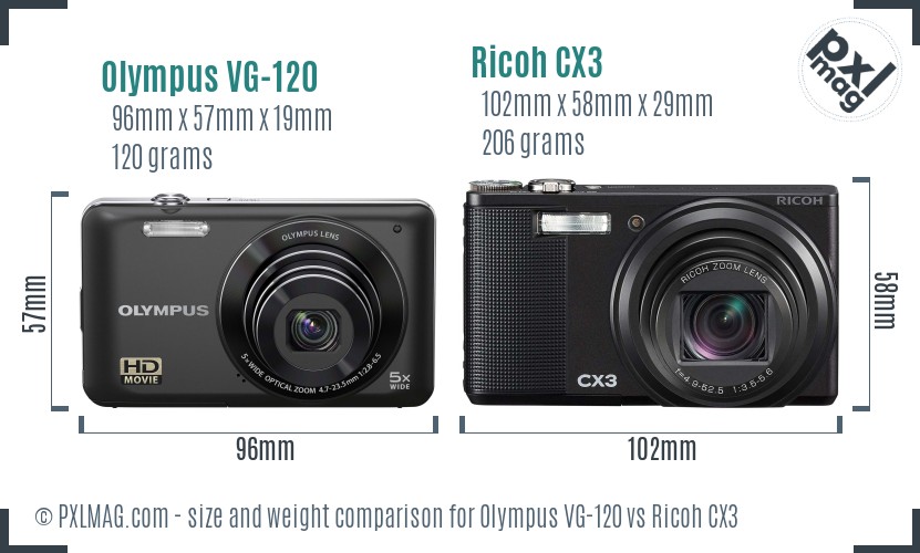 Olympus VG-120 vs Ricoh CX3 size comparison Olympus VG-120 vs Ricoh CX3 size comparison