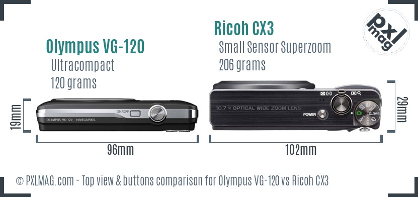 Olympus VG-120 vs Ricoh CX3 top view buttons comparison