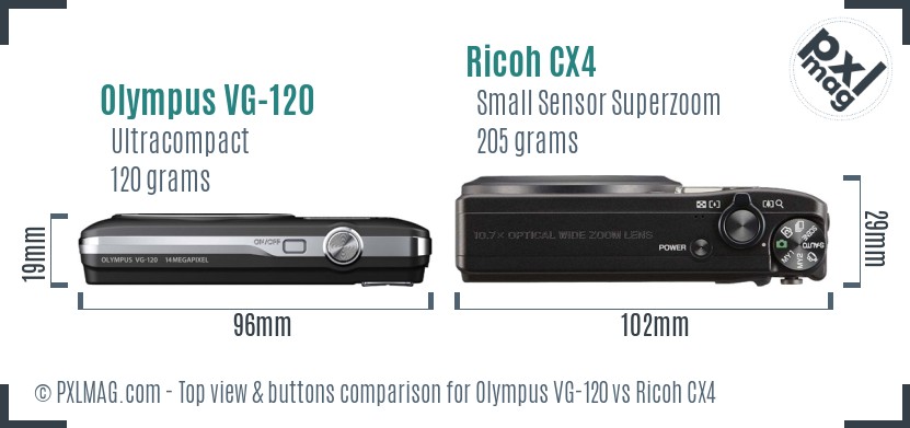 Olympus VG-120 vs Ricoh CX4 top view buttons comparison