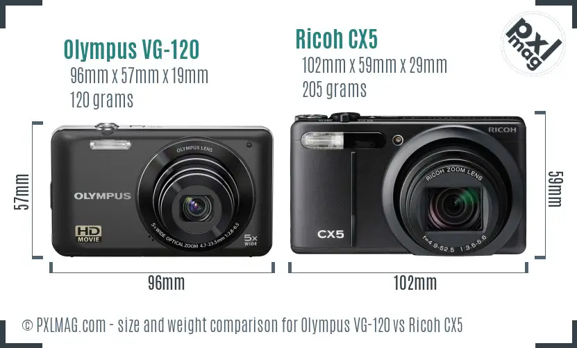 Olympus VG-120 vs Ricoh CX5 size comparison