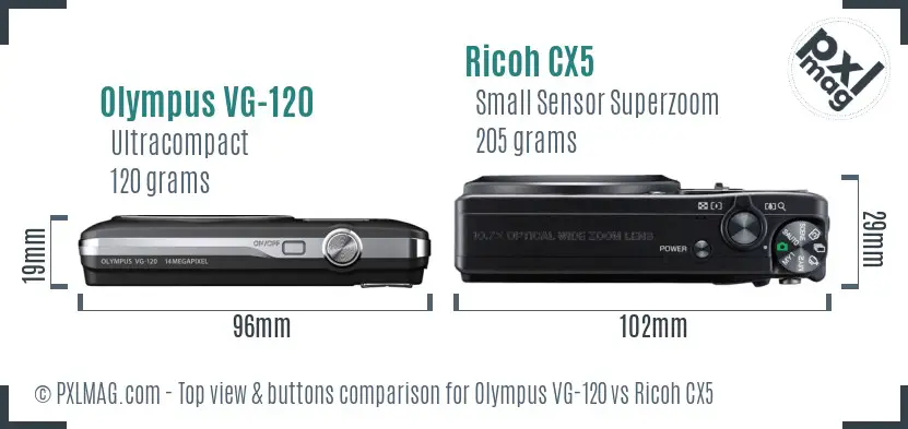 Olympus VG-120 vs Ricoh CX5 top view buttons comparison