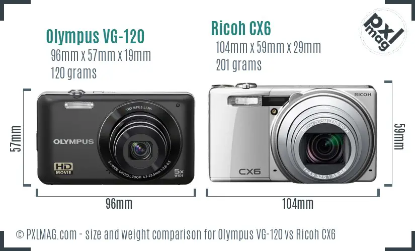 Olympus VG-120 vs Ricoh CX6 size comparison