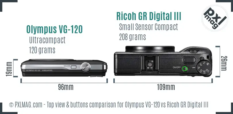 Olympus VG-120 vs Ricoh GR Digital III top view buttons comparison