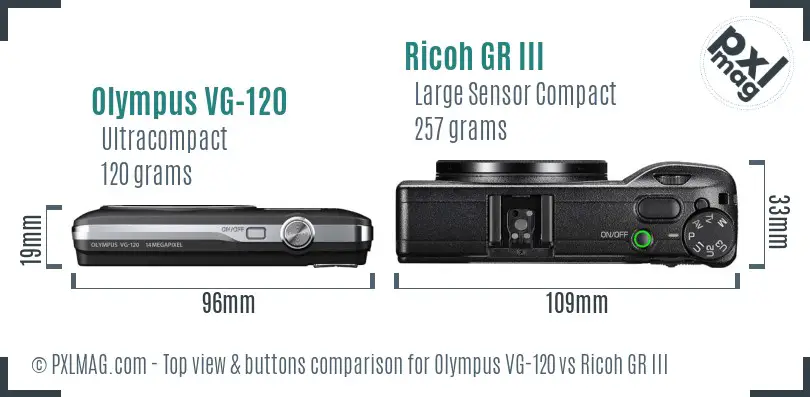 Olympus VG-120 vs Ricoh GR III top view buttons comparison Olympus VG-120 vs Ricoh GR III top view buttons comparison